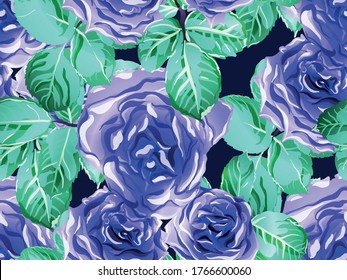 Classic Blue and Green Rose Seamless Pattern. Girly Hawaiian Peony Background. Botanic Rose Flower Swimwear Print. Continuous Floral Design.Summer Peonies Leaves and Buds Sleepwear Texture.