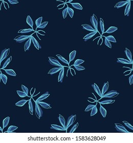 Classic Blue Hand Painted Leaf Background. Elegant Midnight Glow Leaves Motif Seamless Pattern. Ditsy  Navy Bloom on Dark Deep Indigo. All Over Print Fashion Textile. Repeat Illustration Vector EPS 10
