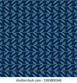 Classic Blue Hand Painted Leaf Background. Elegant Horizontal Srtiped Leaves Motif Seamless Pattern. Navy Bloom Stripe on Dark Deep Indigo. All Over Print Textile. Repeat Illustration Vector EPS 10