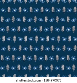 Classic Blue Hand Painted Leaf Background. Elegant Horizontal Srtiped Leaves Motif Seamless Pattern. Navy Bloom Stripe on Dark Deep Indigo. All Over Print Textile. Repeat Illustration Vector EPS 10
