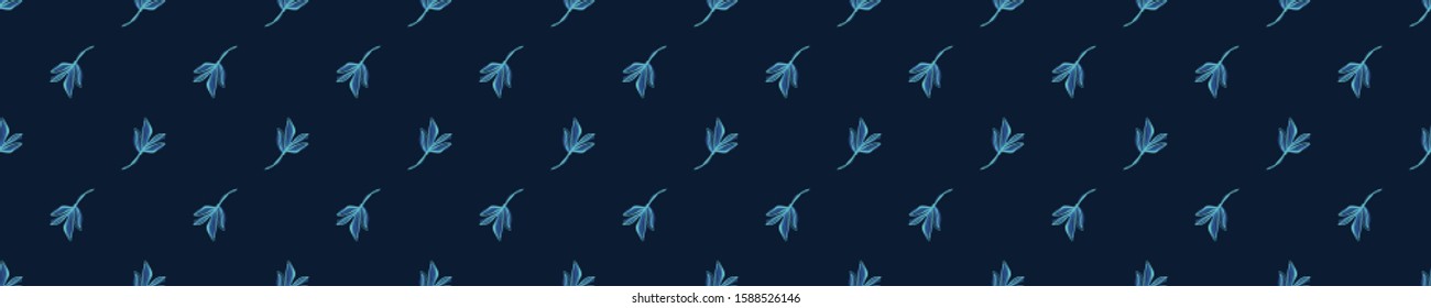 Classic Blue Hand Painted Leaf Banner Background. Elegant Midnight Glow Leaves Motif Seamless Border Pattern. Ditsy Navy Bloom on Dark Deep Indigo. Fashion Textile Edging Trim. Vector EPS 10
