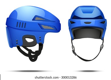 Classic Blue Hockey Helmet. Front And Side View. Sports Vector Illustration Isolated On White Background.