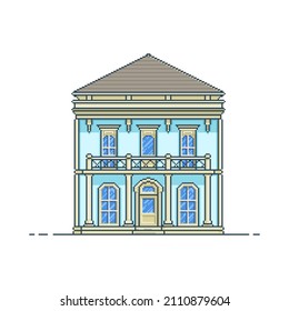 Classic Blue House. Pixel art. Classic building, european style. Concept for arcade 8 bit video game. Vector illustration in flat style. White isolated background.