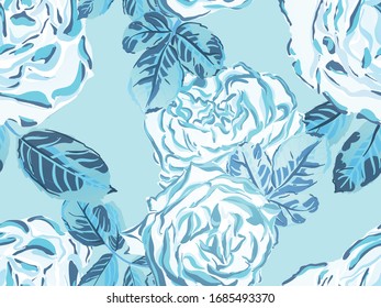 Classic Blue and Indigo Botanic Rose Flower Swimwear Print. Girly Hawaiian Peony Background. Continuous Floral Design.Summer Peonies Leaves and Buds Sleepwear Texture. Rose Seamless Pattern.