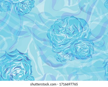 Classic Blue and Indigo Botanic Rose Flower Swimwear Print. Rose Seamless Pattern. Continuous Floral Design.Summer Peonies Leaves and Buds Sleepwear Texture. Girly Hawaiian Peony Background.