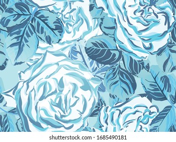  Diseño Floral Continuo Clásico Azul e Índigo.Verano Peonies Sale y Tela de arpa de piel textura. Patrón sin problemas.El origen de la peonía de Hawai. Impresión de bañador de flores de rosa botánica.