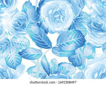 Classic Blue and Indigo Girly Hawaiian Peony Background. Continuous Floral Design.Summer Peonies Leaves and Buds Sleepwear Texture. Rose Seamless Pattern. Botanic Rose Flower Swimwear Print.