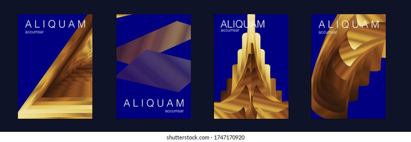 Classic Blue, Indigo and Gold Fluid Minimal Designs. Abstract Metal Vector Template. Golden Liquid Texture. Business Cosmic Background. Vintage Paper Gradient Texture. Light Stylish Luxury Flyer.
