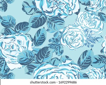 Classic Blue and Indigo Rose Seamless Pattern. Girly Hawaiian Peony Background. Continuous Floral Design.Summer Peonies Leaves and Buds Sleepwear Texture. Botanic Rose Flower Swimwear Print.