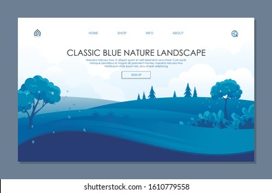 Classic Blue Landing page. With Trendy and Beautiful Nature Landscape theme with hill, mountain, trees, cloud and sky