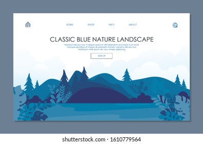 Classic Blue Landing page. With Trendy and Beautiful Nature Landscape theme with hill, mountain, trees, cloud and sky