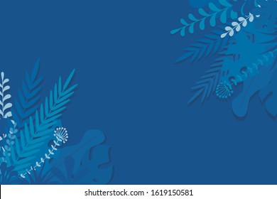 Classic Blue Leaf and plant Background with paper cut style 