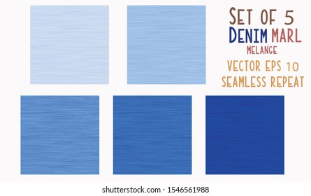 Classic Blue Light Denim Marl Vector Seamless Pattern. Jeans Indigo Space Dyed Texture Fabric Textile Background. Cotton Melange t shirt All Over Print. EPS 10 Tile Set of 5, vector de stoc