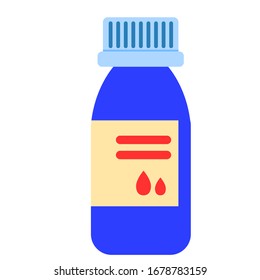 Classic blue medicine bottle isolated. Beige label. Flat vector illustration. Pharmacy and health care. Medication, pharmaceutical concept. Antibiotic therapy. Pneumonia and coronavirus treatment
