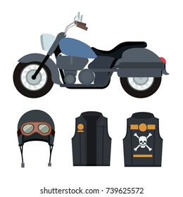 classic blue motorcycle with jacket and helmet with symbol of skull and bones in white background vector illustration
