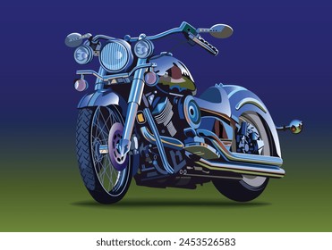 Classic blue motorcycle with metal and chrome-plated accessories on a blue background.