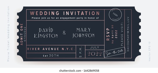 Classic Blue Movie Ticket. Wedding Invitation Vector Design.Vintage luxury design. Admission vip ticket of circus, party, cinema, theater, concert. Coupons template ticketing label with seat numbers.