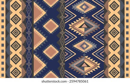 Classic blue Navajo tribal vector pattern,  Native American jewelry, Southwest ethnic decorative style, Boho geometric ornament, seamless vector pattern, Mexican blanket, rug, woven carpet.