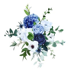 Classic Blue, Navy Garden Rose, White Hydrangea Flowers, Anemone, Thistle, Eucalyptus, Ranunculus Vector Design Wedding Bouquet. Eucalyptus, Greenery. Floral Watercolor Style. Isolated And Editable