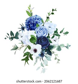 Classic blue, navy garden rose, white hydrangea flowers, anemone, thistle, eucalyptus, ranunculus vector design wedding bouquet. Eucalyptus, greenery. Floral watercolor style. Isolated and editable
