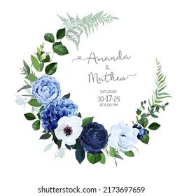 Classic blue, navy garden rose, white hydrangea flowers, anemone, thistle, eucalyptus, ranunculus vector design wedding frame. Eucalyptus, greenery. Floral watercolor style card. Isolated and editable