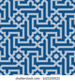 Classic Blue Ornate Seamless Vector Pattern of Moorish Tile Decorations. Tileable mosaic background in Islamic style.