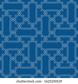 Classic Blue Ornate Seamless Vector Pattern of Moorish Tile Decorations. Tileable mosaic background in Islamic style.