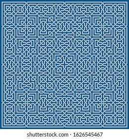 Classic Blue Ornate Seamless Vector Pattern of Moorish Tile Decorations. Tileable mosaic background in Islamic style.