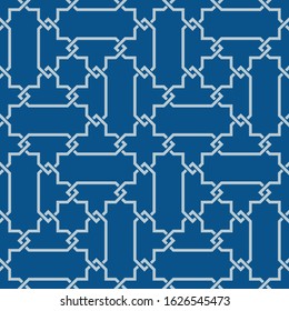 Classic Blue Ornate Seamless Vector Pattern of Moorish Tile Decorations. Tileable mosaic background in Islamic style.