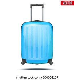 Classic blue plastic luggage suitcase for air or road travel. Vector Illustration isolated on white background.