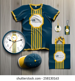 Classic blue promotional souvenirs design for corporate identity with central yellow striped element. Stationery set