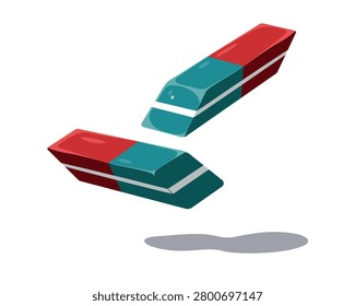 Classic blue and red erasers in flat style. Vector illustration of a vintage dual-color school eraser, isolated on white background. Perfect for education, school supplies, stationery, classroom materials, stickers, and printable designs.