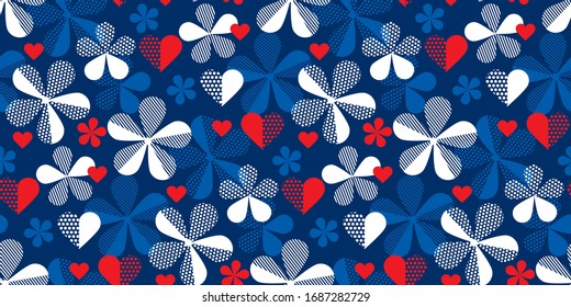 Classic blue and red, floral and heart seamless pattern for background, fabric, textile, wrap, surface, web and print design. Simple geometric flowers and forms tile rapport.