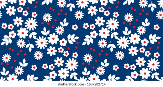 Classic blue and red naive simple flowers seamless pattern for background, fabric, textile, wrap, surface, web and print design. Cute geometric flowers and dots tile rapport.