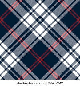Classic blue red white plaid pattern vector. Seamless diagonal tartan check plaid for blanket, throw, duvet cover, or other modern autumn winter textile print.