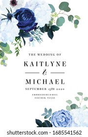 Classic blue rose, white hydrangea, ranunculus, anemone, thistle flowers, emerald greenery and eucalyptus, juniper leaves vector design frame.Trendy color wedding card template. Isolated and editable