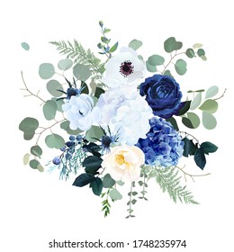 Classic blue rose, white hydrangea, ranunculus, anemone, thistle flowers, emerald greenery and eucalyptus, juniper leaves vector design bouquet.Trendy color wedding floral bunch. Isolated and editable