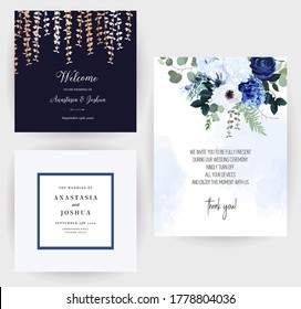 Classic blue rose, white hydrangea, ranunculus, anemone, thistle flowers, greenery and eucalyptus, juniper,gold leaves vector design cards set.Trendy color invitation collection. Isolated and editable