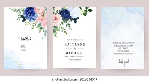Classic blue rose, white and navy hydrangea, pink ranunculus, dahlia flowers, greenery and eucalyptus, juniper, greenery leaves vector design cards set.Trendy color collection. Isolated and editable