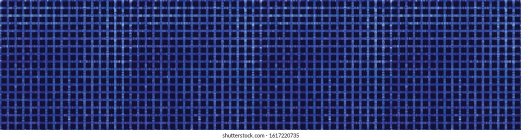 Classic blue spliced vector criss cross grid border texture. Variegated mottled dotted banner background. Seamless tartan plaid pattern. Distorted masculine ribbon edge. Disrupted gingham dye trim