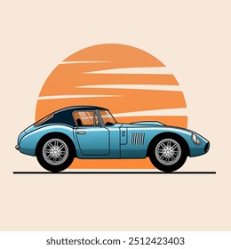 A classic blue sports car against an orange sun backdrop