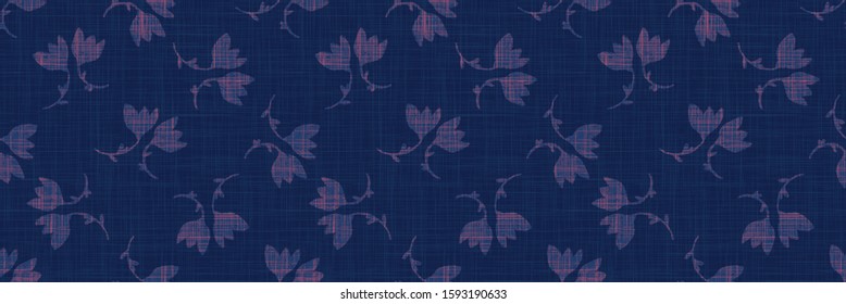 Classic Blue Vector French Linen Flower Texture Banner Background. Dark Denim Blu Dye Fibre Foral Seamless Border Pattern. Close Up Weave Effect Fabric. Masculine Jeans Textile Ribbon Trim Edge EPS10