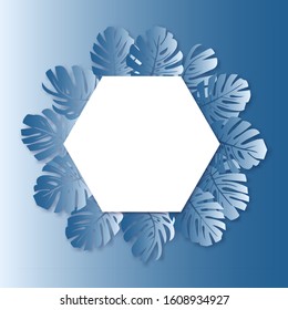 Classic blue. Vector illustration. Trendy color of the year 2020. Floral background with leves monstera.