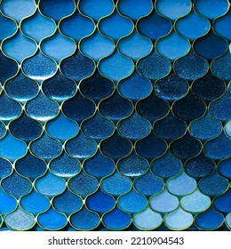 Classic blue vector pattern with repeating roundness, blue petals, blue mirrors, blue and gold luxury pattern background, abstract circle pattern design, repeated cells of shades of bl