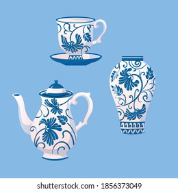 Classic Blue Vintage Style Ceramic Crockery Vector Decorative Element Set