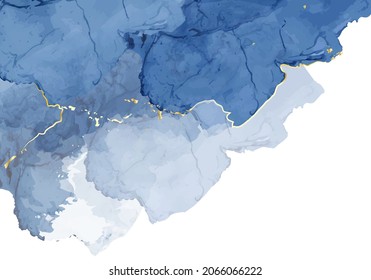 Tarjeta de diseño vectorial de pintura de fluidos de color azul clásico. Marco geodésico blanco y dorado. Invitación a la boda de invierno. Nieve, hielo o textura de velo. Estilo de salpicadura de tinta. Tinta de alcohol. Aislado y editable