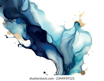 Classic blue watercolor fluid painting vector design card. Dusty navy and golden geode frame. Winter wedding invitation. Snow,ice or veil texture. Dye splash style. Alcohol ink. Isolated and editable