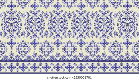 A classic blue and white damask pattern with intricate floral and geometric motifs. The design features a repeating pattern of ornate scrolls and floral elements, creating a timeless and elegant look.