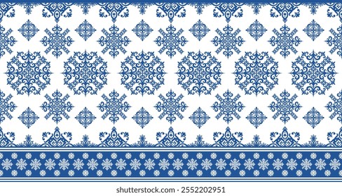 A classic blue and white damask pattern with intricate floral and geometric motifs. The design features a repeating pattern of ornate scrolls and floral elements, creating a timeless and elegant look