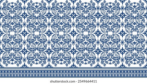 A classic blue and white floral damask pattern. The intricate design features repeating floral motifs and scrolling vines, creating a timeless and elegant look. 